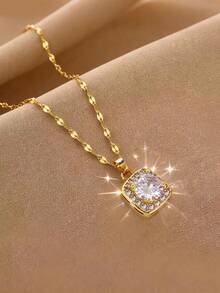 A Super Sparkly Square Full-Diamond Cubic Zirconia Pendant Necklace For Women - Multicolor - View 4
