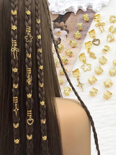 35个金色镂空花朵发圈，带蝴蝶结、音符和心形吊坠 - 优雅合金发夹，复古发圈，适合可调节辫子和梳子