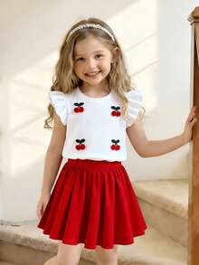 2pcs/Set Young Girl Cute Sweet White Cap Sleeve T-Shirt + Red Skirt Outfit, Summer Holiday Style - Red - View 1
