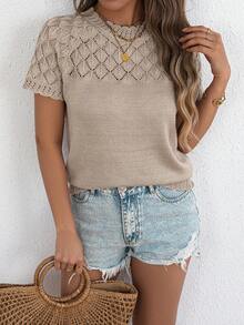 Summer Hollow Out Knit Top For Women, Vintage Lace Scalloped Trim Short Sleeve Crew Neck Casual T-Shirt - 卡其色 - 查看 3