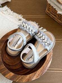 1 đôi sandal công chúa ren và đính đá cho bé gái, giày mềm chống trơn trượt có khóa dán, giày hở mũi xinh xắn cho trẻ em mùa xuân/hè. - Bạc - Xem 5