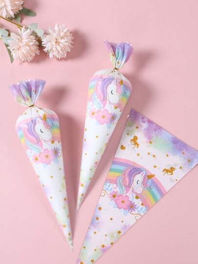 50个独角兽锥形包装袋，糖果袋，独角兽主题女宝宝生日派对塑料礼品零食袋，爆米花袋，三角形玻璃纸糖果袋，带扎带，适用于糖果、手工饼干、爆米花礼品糖果自助餐用品、独角兽生日派对装饰、独角兽主题公主一周岁生日派对用品、婴儿派对装饰、性别揭晓派对装饰、婴儿派对用品、返校毕业季用品