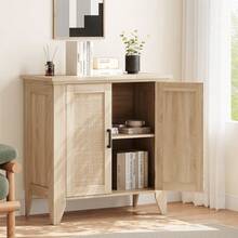Versatile Boho-Style Sideboard – Rattan Storage Unit With Doors And Shelves – Ideal For Living Room, Kitchen, Hallway – Natural Oak Finish, Bohemian Style - Wood Grain Color 76*80*40 - View 3