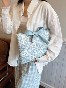 Bow & Ditsy Ditsy Floral Cosmetic Bag, Large Capacity Multi-Purpose Design - Baby Blue - View 1