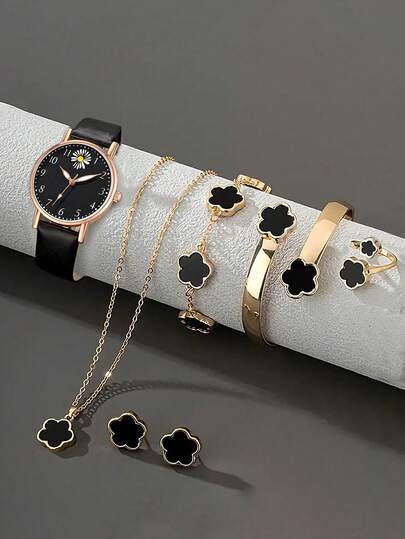 Bộ trang sức 7 món dành cho nữ gồm đồng hồ và vòng tay, đồng hồ thạch anh cao cấp, thanh lịch với họa tiết hoa, thích hợp làm quà tặng Ngày Valentine, sinh nhật hoặc đeo hàng ngày.