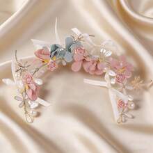 Elegant Pink Ceramic Flower Headband With Bow, Bridal Wedding Hair Accessory - Pink - View 4