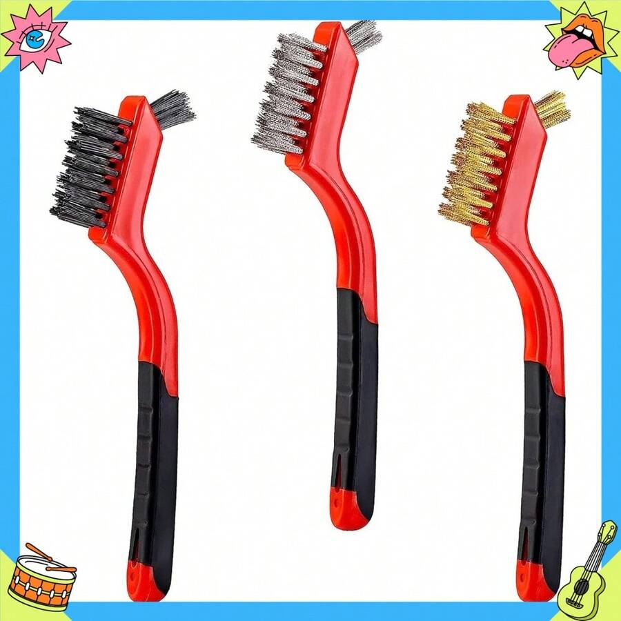 3Pcs Mini Wire Brush Set, Stainless Steel/Brass/Nylon Bristles Wire Brushes, Curved Handle Soft Grip For Rust, Dirt & Paint Scrubbing With Deep Cleaning – 7 Inches (Red) - 3Pcs Red Mixed Brushed - View 1