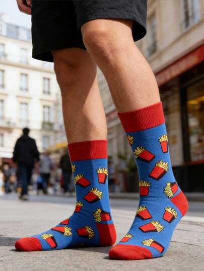 1 Pair Men's Blue French Fry Casual Versatile Indoor/Outdoor Mid-Calf Socks, Spring/Summer