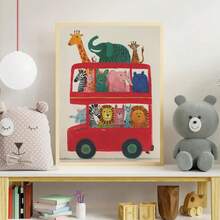 1幅帆布墙画，动物巴士主题儿童房墙画，野生动物园主题儿童房装饰，丛林主题儿童房装饰，红色伦敦巴士艺术印刷品，游戏室海报，婴儿房墙画，婴儿房装饰海报，幼儿园装饰 - 彩色 - 查看 6