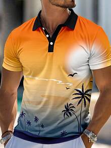 男士椰子树渐变印花休闲短袖Polo衫 - 彩色 - 查看 1