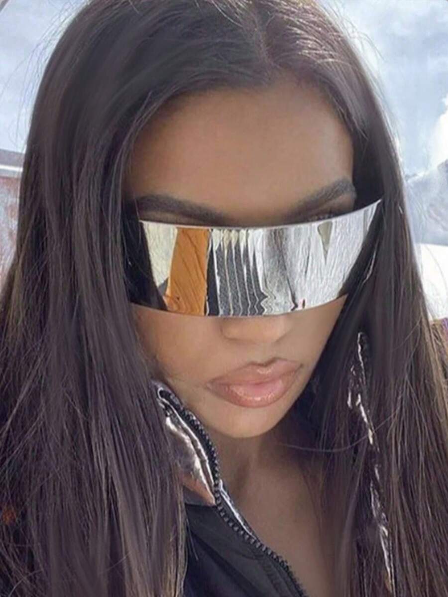 1pc Frameless Cyberpunk Goggles, Futuristic Wraparound Silver Mirror Fashion Glasses, Unisex Fashion Party Glasses - Mercury Tablets - View 1