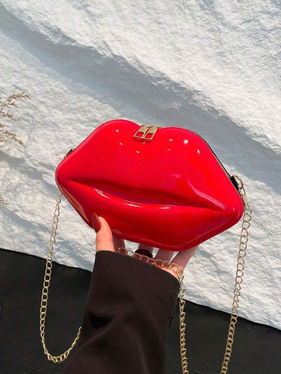 1pc Fashionable Shiny Lip Shaped Women Chain Crossbody Unique Mini Handbag PU Leather Small Bag - 紅色 - 查看 1