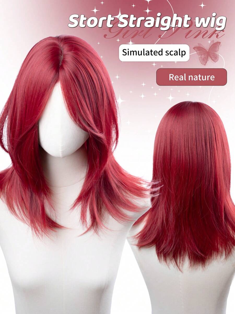 18-Inch Long Synthetic Wig Featuring A Natural Straight Style A Stunning Red. It Is Crafted From Heat-Resistant Fiber To Ensure Durability. This False Hairpiece Is Perfect For Daily Use, Offering A Natural And Realistic Appearance That Mimics. - Red - View 1