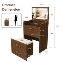 3-In-1 Dressing Table With Open Mirror, Small Dressing Table Set With Clear Glass Top, Compact Dressing Table With 3 Drawers, Bedroom Dressing Table, Dimensions: W 60/H 118/D 40 Cm. - Walnut Wood Color - View 8