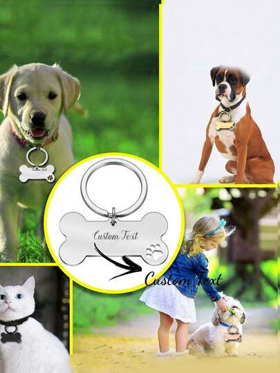 1pc Customizable Stainless Steel Pet Necklace, Hollow Dog Paw & Bone Metal Anti-Lost Tag