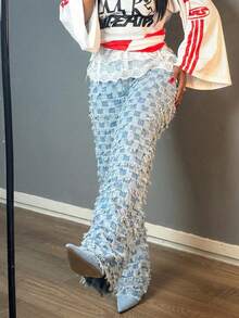 Casual Mid-Waist Straight Leg Jeans, Boyfriend Style Jeans, Comfortable Loose Washed Blue Straight Leg Jeans, European And American Street Style Vacation - Blue - View 1