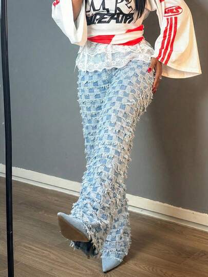 休闲中腰直筒牛仔裤，男友风牛仔裤，舒适宽松水洗蓝色直筒牛仔裤，欧美街头风