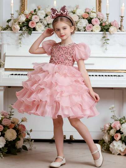 少女新款蛋糕风薄纱连衣裙生日派对花童亮片舞蹈演出服+头饰（连衣裙内衬有定位孔，属正常工艺；请根据胸围测量选择尺码）