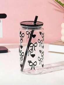 可爱蝴蝶结爱心印花带盖吸管保温杯，16盎司冰咖啡杯，美观可爱饮水杯，适用于奶昔、珍珠奶茶、水（粉色/黑色/蓝色） - 彩色 - 查看 15
