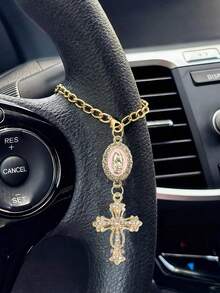 1pc Steering Wheel Decor Chain - Virgin Mary Pendant And Diamond Cross Steering Wheel Accessory, Multi-Color Options; Catholic Pendant, Car Accessories, Cross Keychain, Adjustable Chain, Fashion Accessory - A - View 8