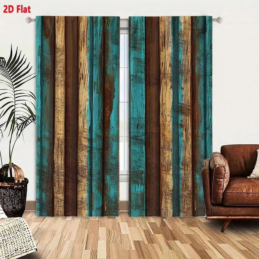 2pcs Weathered Distressed Vertical Wooden Planks Curtains, Teal Turquoise Tan And Chestnut Colors Vintage Rustic Pattern, Polyester Fabric, Light Filtering Privacy Drapes, Industrial Farmhouse Style For Bedroom Living Room Decor, 2D Flat - 彩色 - 查看 1