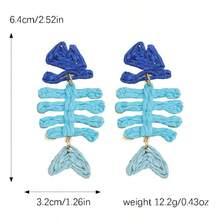 波西米亚风拉菲草鱼骨吊坠耳环，绿色手工编织鱼骨架耳环，女士夏季海滩饰品 - 彩色 - 查看 11