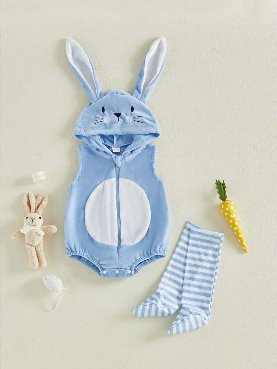 Disfraz de conejito de Pascua para bebé sin mangas con capucha y cremallera, mameluco, calcetines largos a rayas, ropa para fiesta - Azul - Ver 1