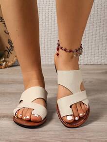 Ximi Ruo Pantuflas cómodas con incrustaciones de diamante de imitación de ajuste amplio, sandalias planas casuales coreanas para mujer, chanclas de punta abierta para primavera, verano, playa, uso casual - Beis - Ver 5
