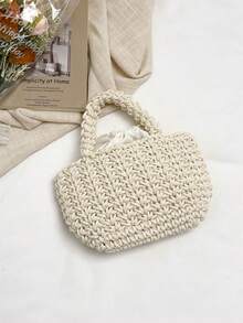 可爱棉绳编织手提包，简约草编托特包，度假风沙滩包，独特女童包 - 白色 - 查看 4