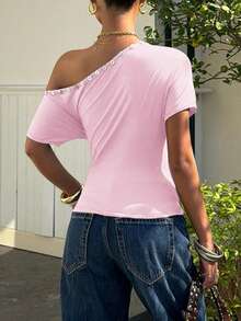 Vaiaye 女士宽松休闲圆领单肩T恤，贝壳装饰修身T恤，春夏露肩上衣 粉色 - 粉色 - 查看 2