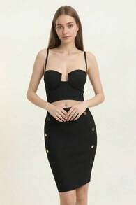 Women's Royal Blue Short Bandage Set With Thin Straps, Cut-Out Waist And Fitted Skirt – Sexy Clubwear Look For Parties, Outings And Holiday Photos - 黑色 - 查看 2