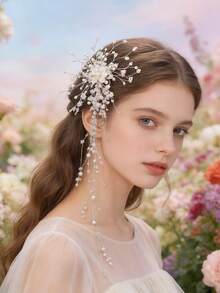 1件欧美风格优雅珍珠吊坠流苏发梳，婚礼派对新娘头饰，情人节可爱发饰 - 白色 - 查看 2