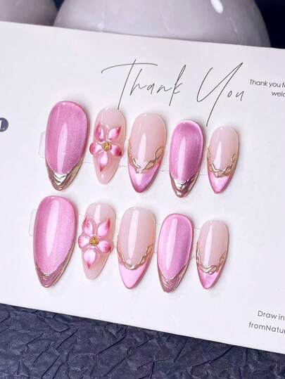 10 Pieces Of Handcrafted Press On Nails, Nail Supplies, Nail Charms, Fake Nails, Short Nails, Nail Art, Summer Nails, Press On Nails Acrylic , Nail Kit, Y2k, Pink Nails, Gold Nails, The Pink Cat's Eye Nail Surface Is Decorated With Hand-Drawn Golden Lines And Hand-Carved Pink Cat's Eye Five-Petal Flowers With Golden Steel Beads, Exuding A Luxurious Feel, Suitable For Ladies And Girls To Use At Weddings And Banquets.