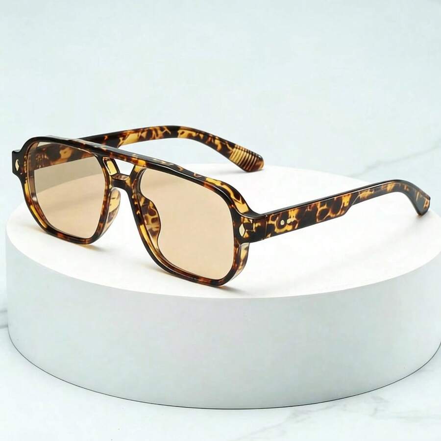 1副男士经典方形双梁简约时尚眼镜，适合派对、休闲、度假、旅行、海滩和日常佩戴 - 玳瑁框茶片 - 查看 1