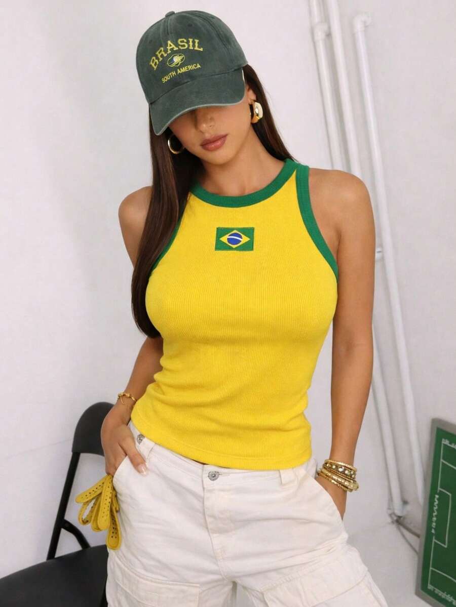 Brazil Women's Tank Top With Embroidered Flag, Ribbed Knit, World Cup Design - 黃色 - 查看 1