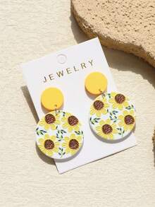 1对女士向日葵印花浅黄色陶瓷质感可爱优雅圆形亚克力耳环 - 彩色 - 查看 4