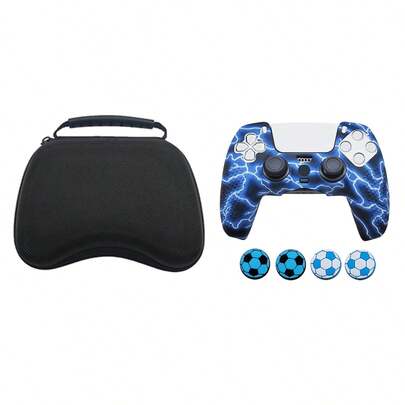 1 Set Including: 1pc PlayStation5 Controller Storage Bag, 1pc Game Protective Case, 4pcs Football Themed Joystick Caps. Anti-Slip, Anti-Drop, Waterproof, Dustproof, Scratch-Resistant, Convenient For Carrying And Storage, Enhancing Gaming Operation Feel And Experience