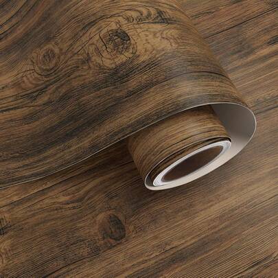 1 لفة من ورق الحائط اللاصق المقاوم للماء ذو نقشة الخشب البني الداكن المتين، قابل للإزالة والتركيب لتزيين أسطح المطبخ والحمام والغرف