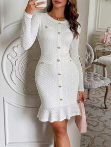 Unadoll Women's Spring Round Neck Winter Set, Faux Pocket, Button Decor, Elegant Dress, Suitable For Party, Date, Birthday, Gathering, Commute, Dinner, Valentine's Day And Other Occasions White - White - View 2