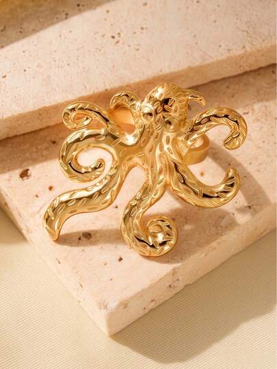 1pc Luxury Geometric Stainless Steel Ocean Octopus Gold Ring, Non-Fading, Wide Face Adjustable Open Ring, Suitable For Daily, Beach, And Holiday Wear