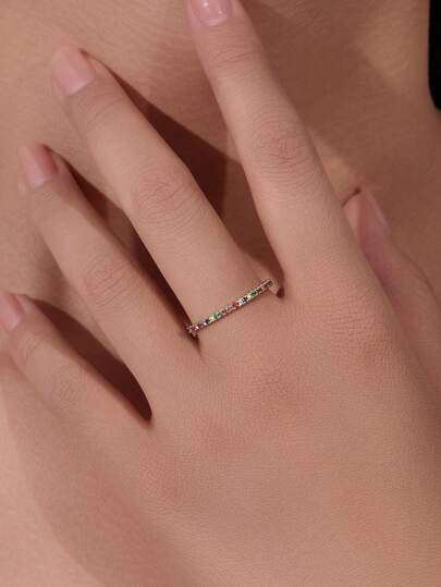 1 pieza Anillo de plata de ley S925 con circonita de colores, anillo de dedo elegante y de moda con micro-incrustaciones de diamantes completos, versátil para uso diario