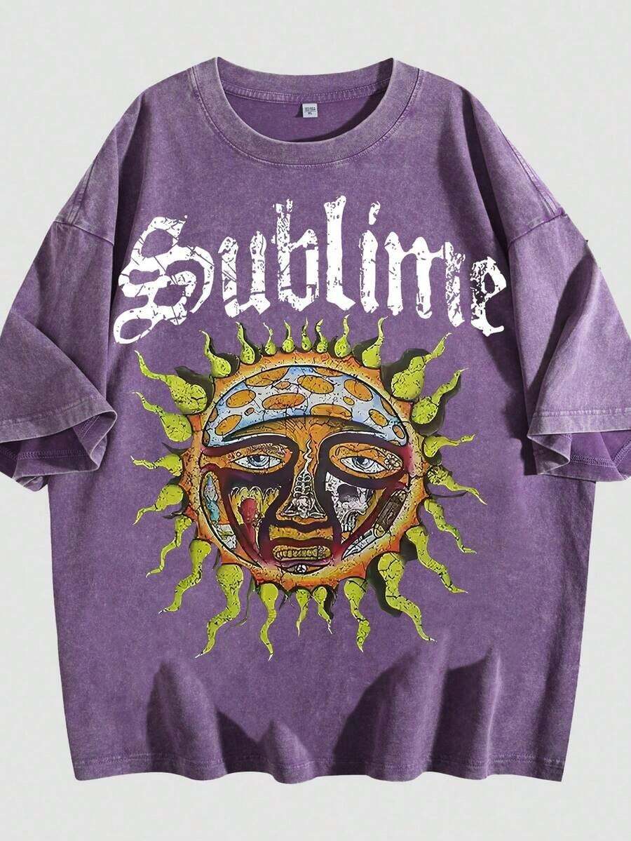 Retro Sun Face Skull Print, Men's T-Shirt, SUBLIM Band Style Free Theme Loose Short Sleeved Shirt Vintage Washed Cotton Short Sleeve T-Shirt Crew Neck Soft Casual Tee For Men Women - 紫色 01 - 查看 1