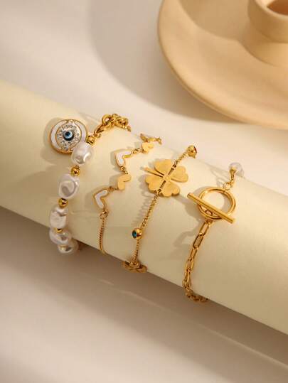  1pc Stainless Steel 18K Gold Plated Personalized Minimalist Fashion Bracelet, Decorated With Pearl, Four-Leaf Clover, And Eye-Shaped Gold Chain, Showcasing French Chic Ins Style, Suitable For Women To Wear At Parties, Dates, And Office