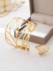 2pcs Fashionable & Elegant Minimalist Metal Hollow Leaf Design Adjustable Bracelet & Ring Jewelry Set For Women - Yellow Gold - View 5