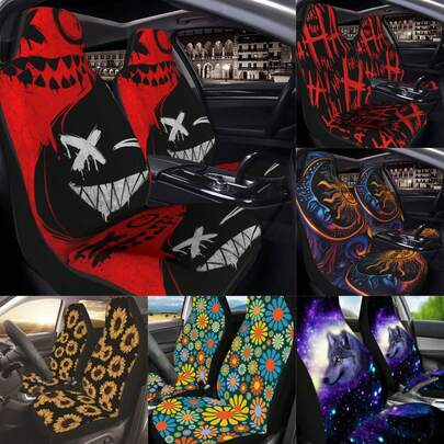 2件装红色字母向日葵图案汽车前排座椅套，舒适透气，四季通用，适用于轿车和SUV，易于打理，可机洗。