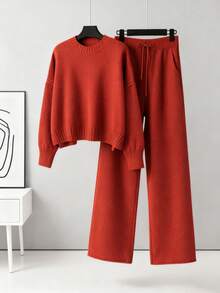 Women's Knit Sweater & Wide-Leg Pants Set - Multiple Colors, Ultra-Soft Warm Fabric,  Casual Two-Piece Outfit For Fall/Winter Coziness! - Đỏ - Xem 5