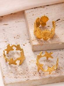 Set de 3 anillos con diseño de estrella de mar y concha, anillos apilables ajustables de acero inoxidable con estilo bohemio para mujeres - Amarillo Oro - Ver 3