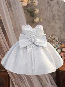 Baby Girls' Spaghetti Strap Bowknot Backless Glitter Tulle Lovely Birthday Party Princess Dress, Suitable For Formal Occasions, Parties, Excluding Headband - Silver - View 3