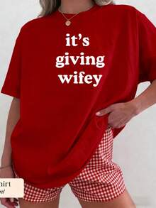 2026 Women' Its Giving Wifey Print T Shirt,Bride To Be Oversized Heavy Cotton Tee,Honeymoon Wedding Daily WearEnd Of - 紅色 - 查看 15