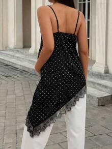 孕妇波点蕾丝边不对称吊带背心，高弹透气哺乳背心，休闲外出约会打底衫 - 黑色 - 查看 3